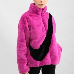 Women's Nike Swoosh Faux Fur Fleece Jacket Pink Cactus Flower Magenta Size S NWT